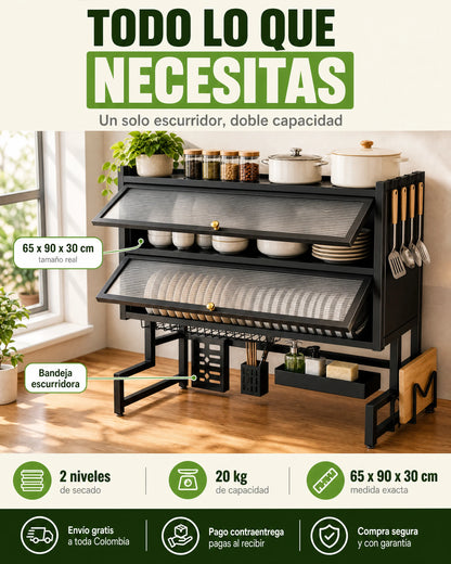 Escurridor de Platos Dos Niveles Con Tapa